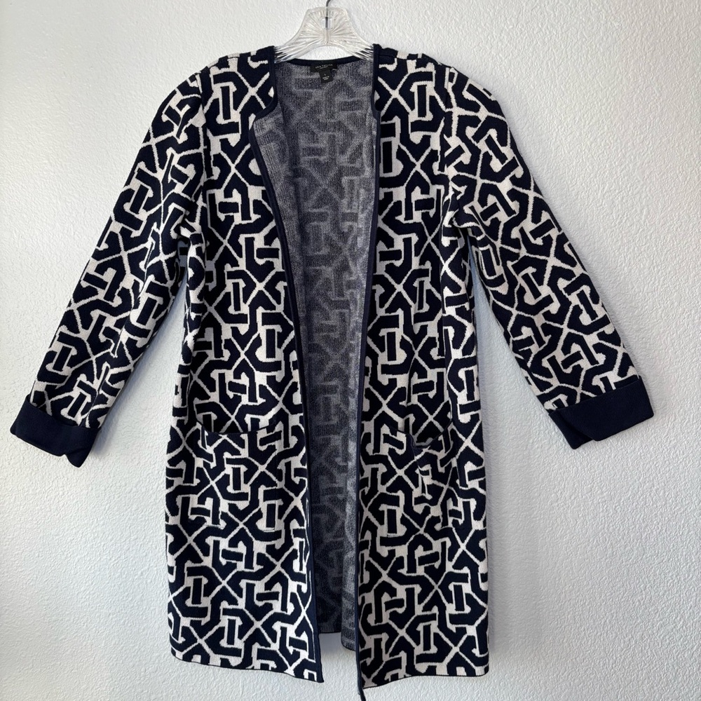 Ann Taylor Womens Cardigan Duster Size Large Open Front Pockets Geometric Design